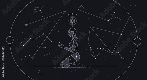 Cosmic Woman Meditating with Constellations and Stars