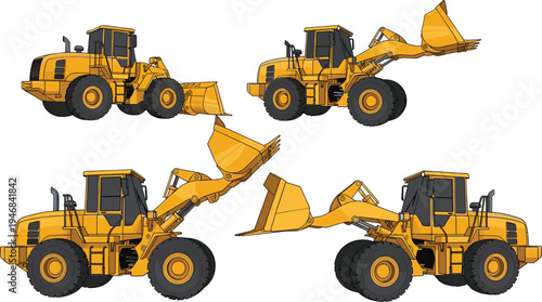 Set of Yellow Construction Loaders with Multiple Angles for Heavy Equipment and Construction Machinery Design