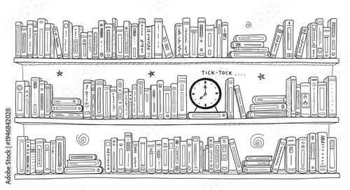 Hand drawn illustration of bookshelves filled with books and a clock.