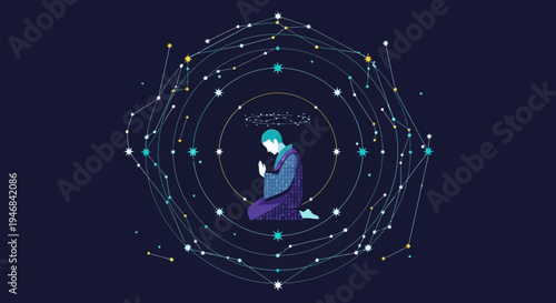 Man Praying in Cosmic Mandala of Stars and Galaxies