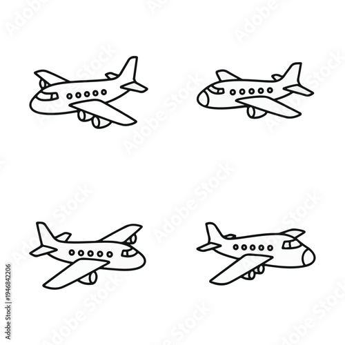 Four simple black and white line art drawings of cartoon airplanes, depicted from various angles, suitable for icons or children's illustrations.