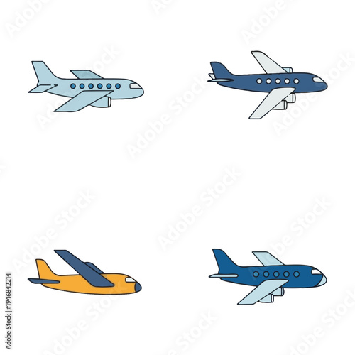 Four cartoon-style airplanes in various shades of blue and yellow, depicted from a side view, representing air travel and transportation.