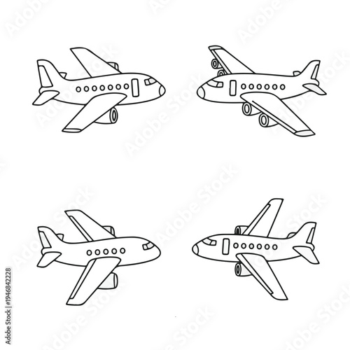 Four simple line art drawings of airplanes in various orientations on a white background, depicting basic aircraft designs for travel and transport.
