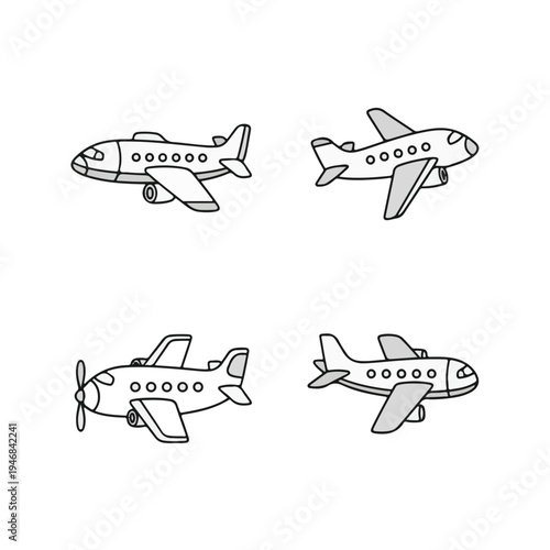 A collection of four simple, hand-drawn cartoon airplanes, each depicted from a different angle and with varying designs, including jet engines and propellers.
