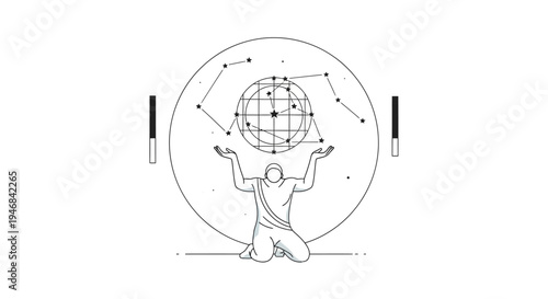 Atlas holding globe with constellations and data lines, conceptual illustration