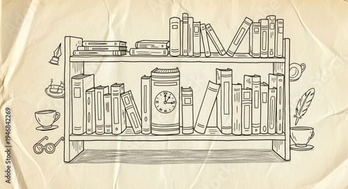 Hand drawn illustration of a bookshelf filled with books and decorative items.