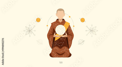 Buddhist monk meditating, holding glowing orb, cosmic symbols, serene spiritual illustration