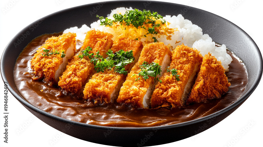 Fototapeta premium A plate of crispy fried chicken with rice and sauce