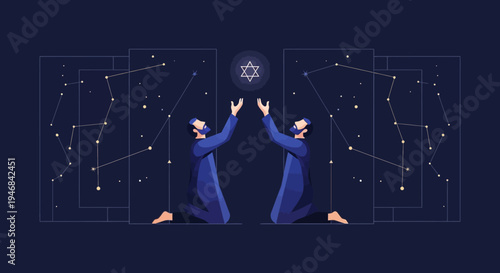 Two men praying to cosmic symbol with constellations background