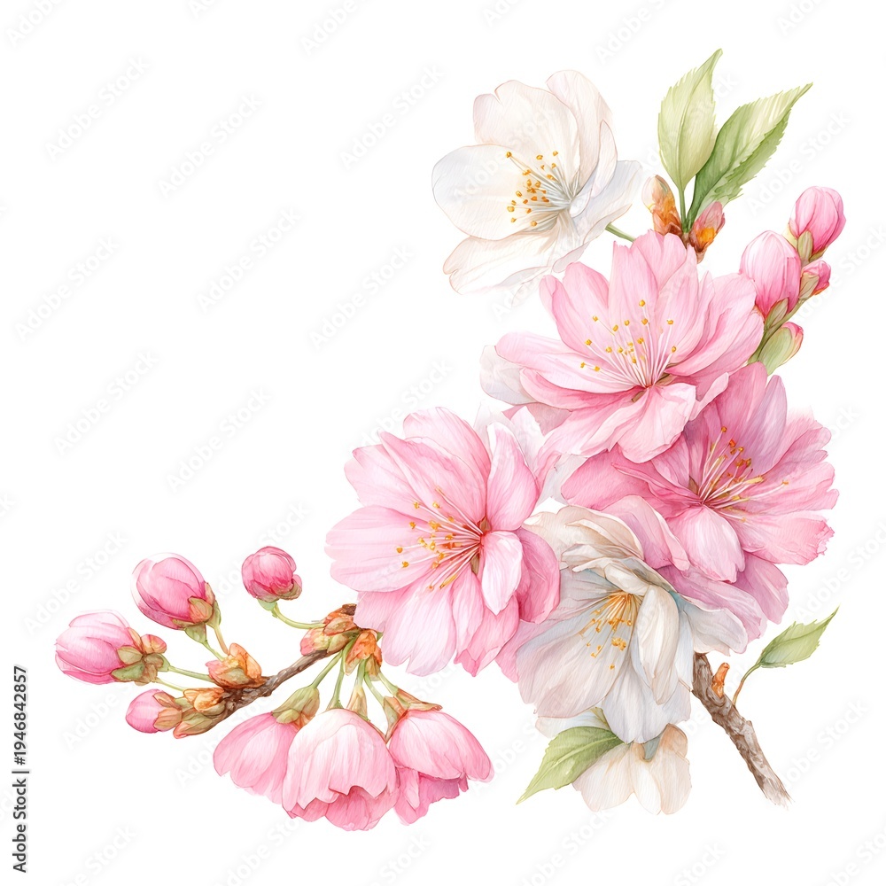 Obraz premium Pink Cherry Blossom Sakura Flowers Branch Watercolor Illustration Isolated on White Background for Spring Wedding Design and Card