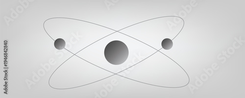3D illustration of an atom model with a nucleus and two electrons in orbits. 3D model of the structure of the Rutherford atom. Idea, symbol of atomic energy. 3D rendering on white background isolated.