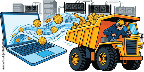 Cryptocurrency Mining and Digital Asset Icon Set with Laptop, Mining Truck, and Coin Extraction for Blockchain and Digital Currency Designs