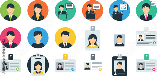 User Avatar and Identification Badge Icon Set with Profile Pictures, Employee ID Cards, Business People Portraits, and Account Identity Symbols