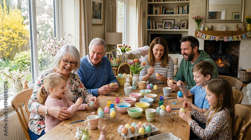 family painting colorful easter eggs table celebration