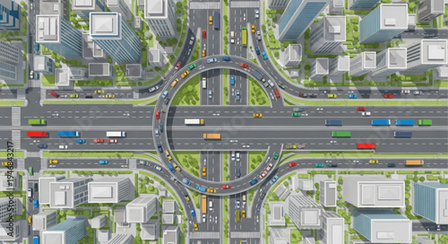 Aerial View of a Modern City Interchange with Traffic.