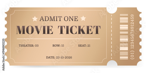 Vector illustration of a paper or electronic cinema ticket for one person on a white background. Vector template of movie ticket with tear-off QR code.