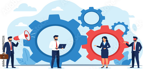 Business Team Collaboration with Gear Mechanism Vector Illustration Representing Workflow Management, Corporate Strategy, Process Optimization, and Teamwork Productivity Concept