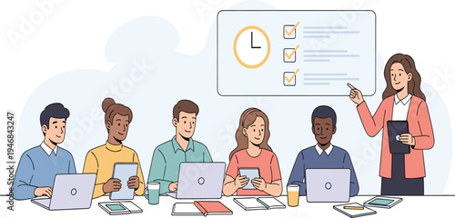 Business Team Meeting and Task Planning Vector Illustration with Manager Presenting Checklist, Team Collaboration, Project Management, and Workplace Productivity Concept