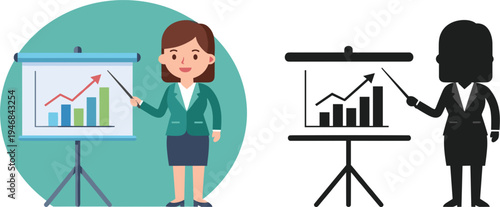 Business Woman Giving Presentation with Growth Chart Vector Illustration Showing Corporate Training, Financial Analysis, and Professional Seminar Concept