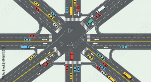 Aerial View of a Busy Six-Way Intersection with Traffic.