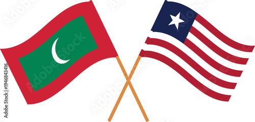 Crossed Maldives and Liberia Waving Flags Vector Illustration Representing International Relations, Diplomatic Partnership, Cultural Exchange, and Global Friendship Between Nations