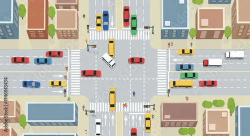 Aerial View of City Intersection with Cars and Pedestrians.