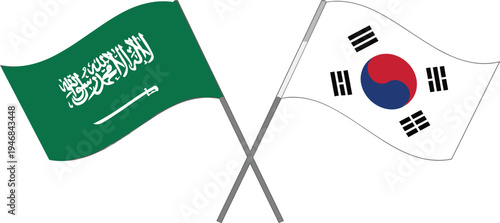 Crossed Saudi Arabia and South Korea Waving Flags Vector Illustration Representing International Relations, Diplomatic Partnership, Asian Middle Eastern Cooperation, and Global Friendship Concept