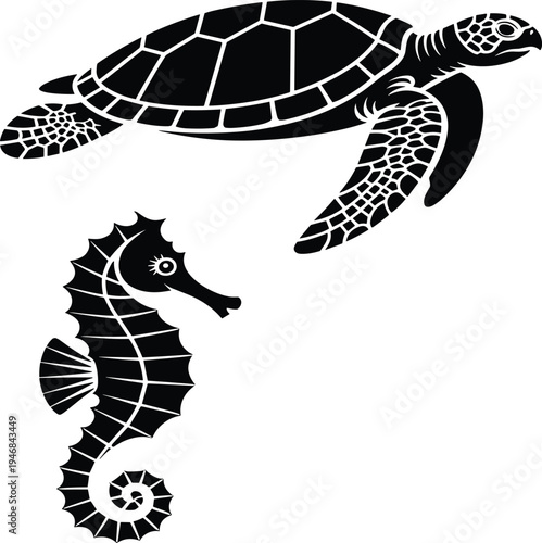 Black and white of a sea turtle and seahorse marine life d