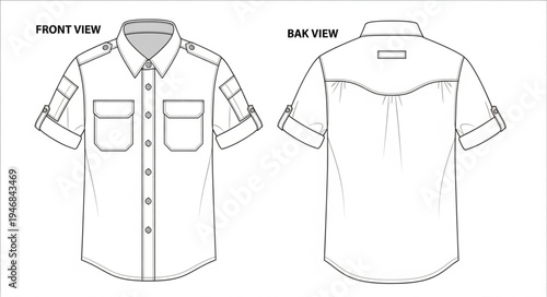 Technical drawing of a short-sleeved shirt with pockets.