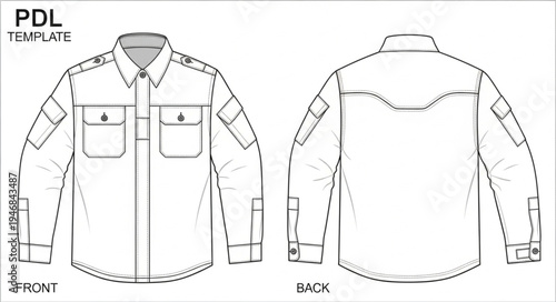 Technical drawing of a long-sleeved shirt with pockets.