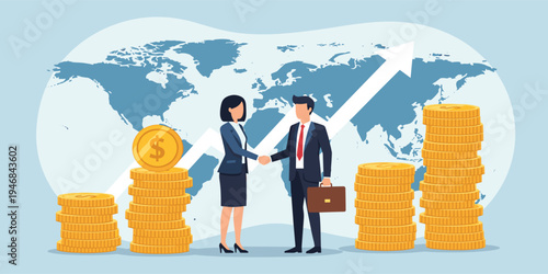 Global Business Partnership and Financial Growth Vector Illustration with Business Handshake, Rising Profit Arrow, World Map Background, and Investment Success Concept