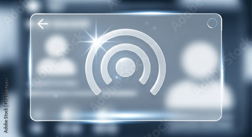 Futuristic transparent interface with broadcast icon and user profiles.