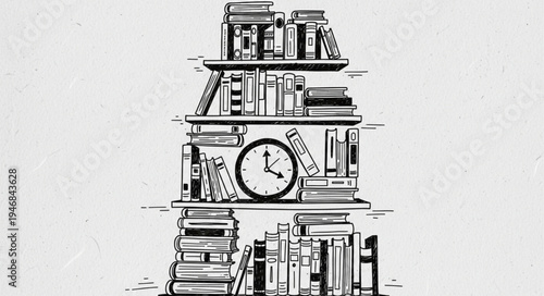 Stack of books with a clock on a shelf.