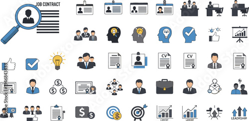 Human Resources and Recruitment Icon Set with Job Contract, Resume CV, Interview, Teamwork, Leadership, Career Growth, and Business Management Symbols