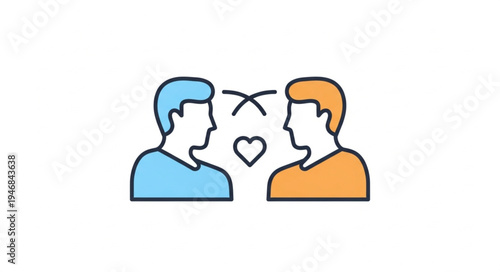 Two men facing each other with a heart symbol between them.