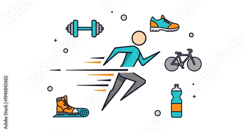 Fitness and healthy lifestyle concept with running person and sports equipment.