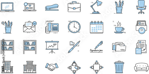 Office Workplace and Business Equipment Icon Set with Laptop, Briefcase, Calendar, Clock, Documents, Furniture, and Corporate Workspace Symbols