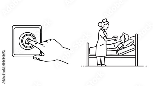 Hand Pressing Emergency Call Button in Hospital Room for Patient Assistance and Safety Alert System Vector Illustration