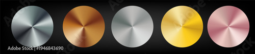 Set of polished metal radial gradient swatches with metallic shine. Silver, gold and copper iridescent foil surface. Great for web design, banner, poster