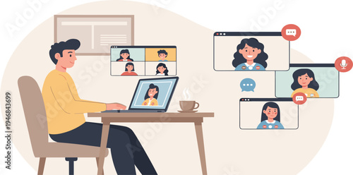 Online Video Conference Meeting Vector Illustration with Remote Team Communication, Virtual Collaboration, Work From Home, and Digital Business Discussion Concept