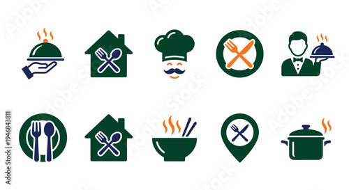 Restaurant and Food Service Icon Set with Chef, Plate, Location, and Dining Symbols for Culinary, Service, and Hospitality Designs