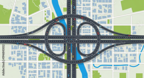 Aerial View of a Complex Highway Interchange with Cloverleaf Loops.