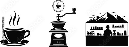 Set of Coffee Icons Including Steaming Cup, Coffee Grinder, and Coffee Barista for Coffee Lovers and Cafe Design