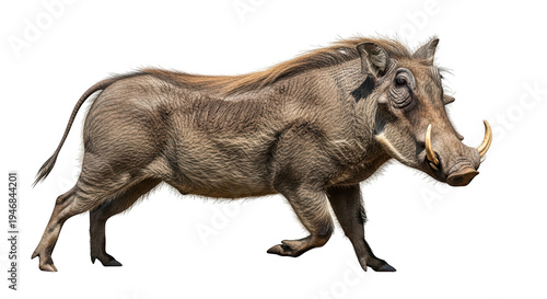 A warthog stands confidently against a black background, showcasing its distinctive features.