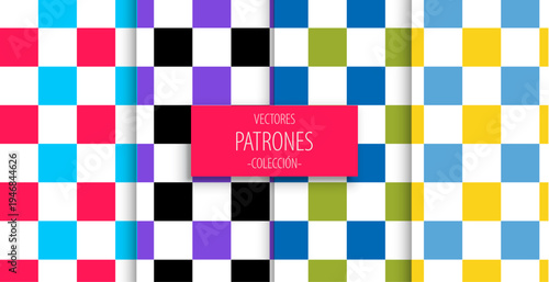 Seamless geometric pattern collection with purple stars, checkered board, and diamond grids for retro aesthetic and modern digital backgrounds