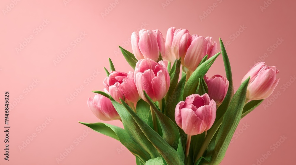 Obraz premium Tulip symphony: a delightful spring medley. Poster design. A touch of spring: lightly scattered pink tulips. Poster illustration. Film poster.