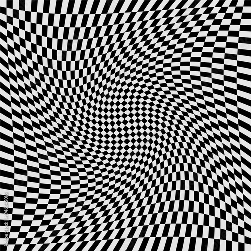 Abstract background with black and white chess board twirl futuristic waves art