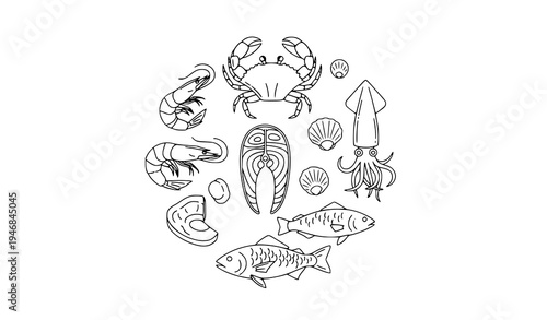 Seafood outline set with shrimp crab squid salmon and fish market food vector icons