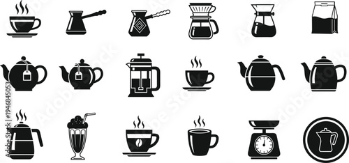 Set of Coffee and Beverage Icons Including Espresso, French Press, Teapot, and Coffee Cups for Coffee Lovers and Beverage Design