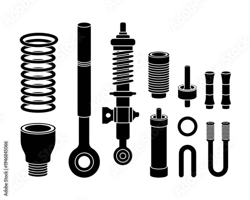 Black and white illustration of various mechanical parts and tools for industrial use